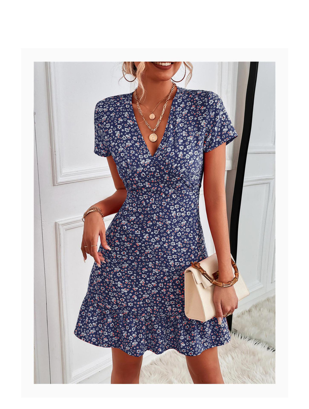 Women's Navy Ditsy Floral Deep V-Neck Short-Sleeve Mini Dress